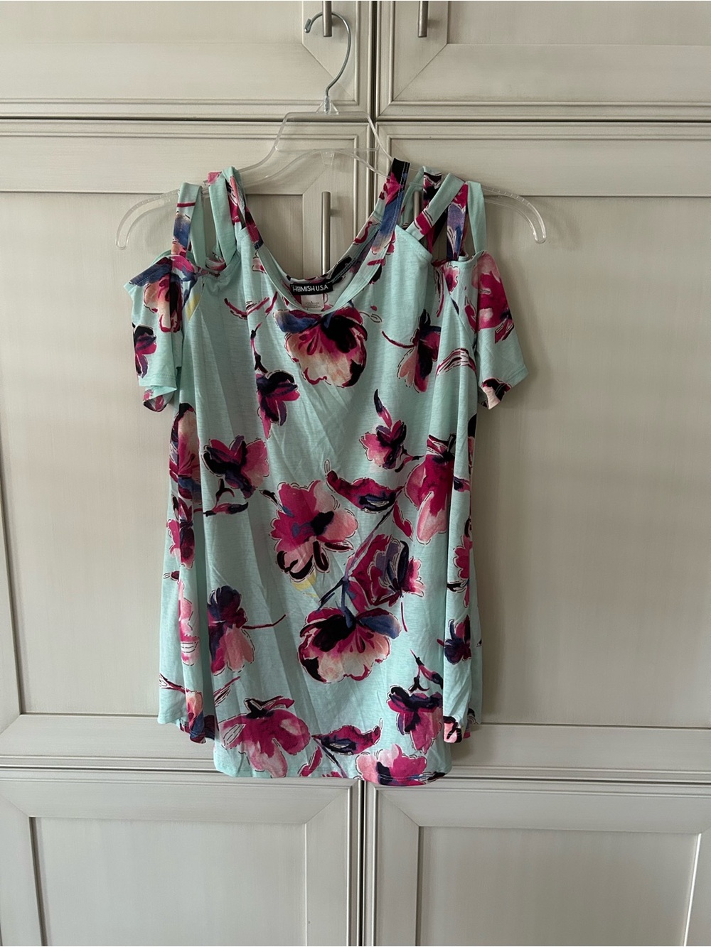 HEIMISH USA Mint Cold-Shoulder Top with Pink Floral Print